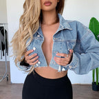 Women Short-Cut Cropped Denim Jacket with Raw Edge and Oversize Sleeves Fashion Glam