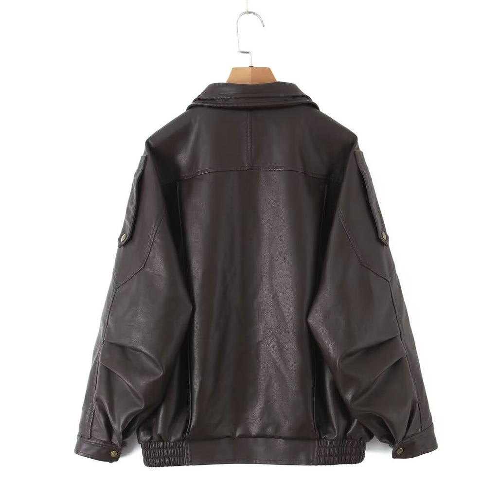 Women's Oversized Faux Leather Bomber Jacket with Asymmetrical Zipper and Waistband Fashion Glam