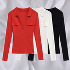 Women Ribbed Fine Knit Polo with Deep V-Neck and Chest Pockets Fashion Glam