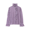 Women's Striped Ruffle Blouse with Stand-Up Collar and Flounce Cuffs Fashion Glam