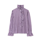 Women's Striped Ruffle Blouse with Stand-Up Collar and Flounce Cuffs Fashion Glam
