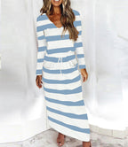 Women's Casual-Elegant Maxi Knit Dress with V-Neck, Drawstring and Side Pockets Fashion Glam