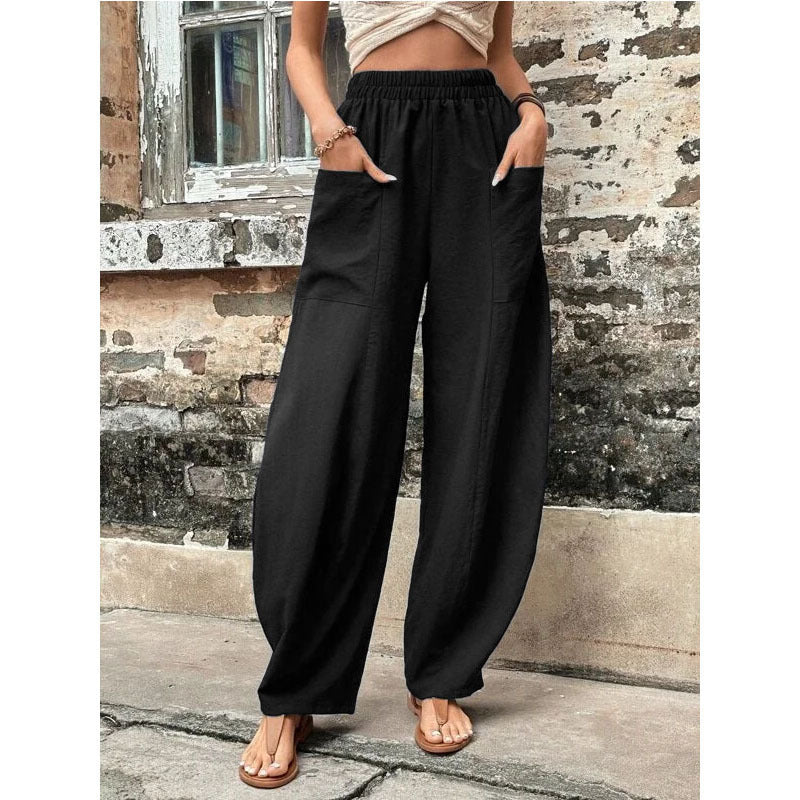 Women's Lightweight Linen Pants with Wide Leg, High Elastic Waistband, and Patch Pockets Fashion Glam