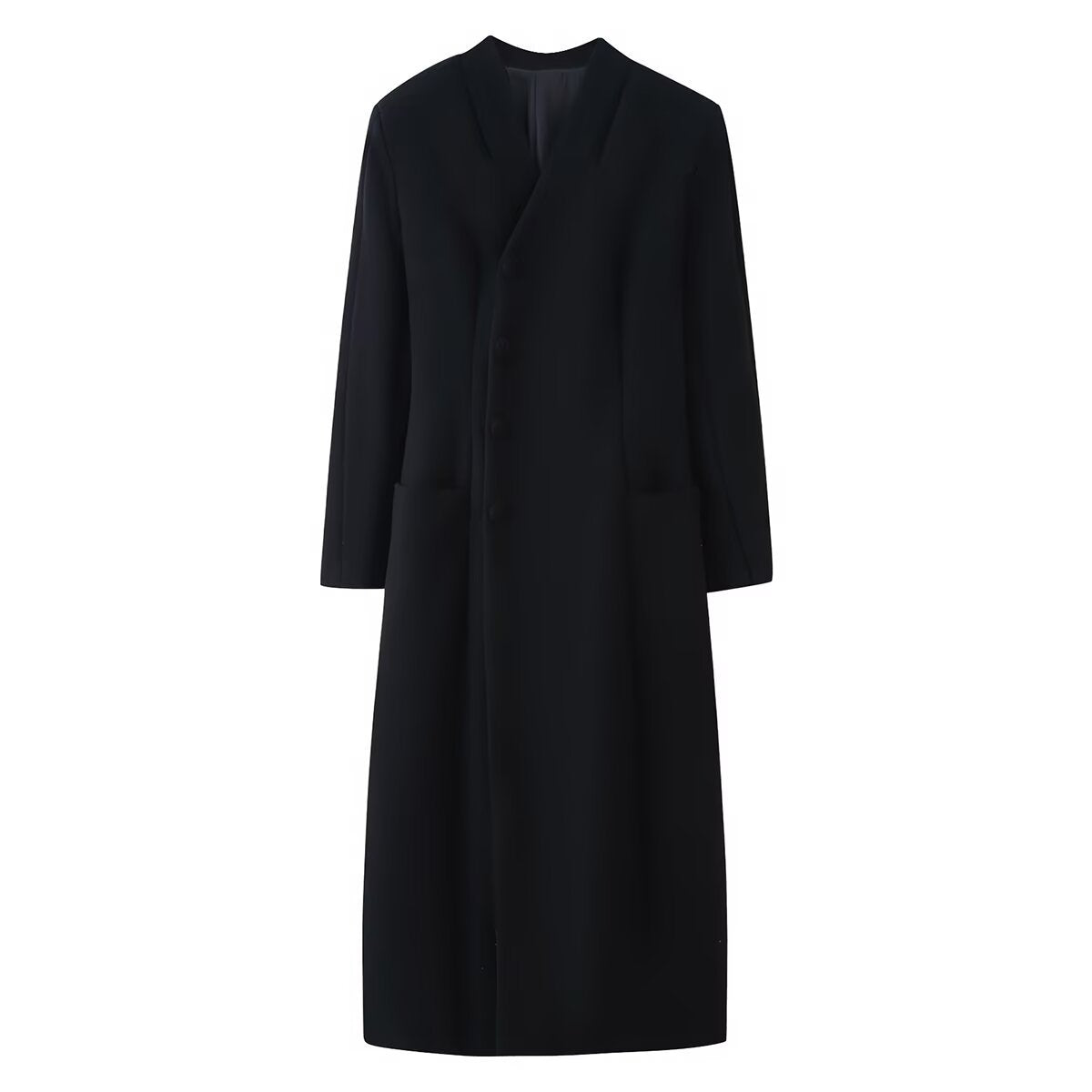 Women's Elegant Wool Look Maxi Coat with Concealed Button Placket and Patch Pockets Fashion Glam