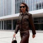 Women Short Boxy Leather-Look Jacket with Flap Pockets and Shirt Collar Fashion Glam