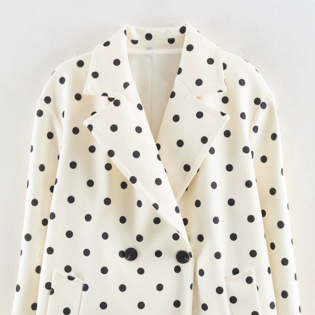 Women's midi coat in polka dot pattern with lapel collar and double-breasted button placket Fashion Glam