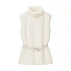 Women Short Sleeveless Faux Fur Vest with High Collar and Waist Belt Fashion Glam