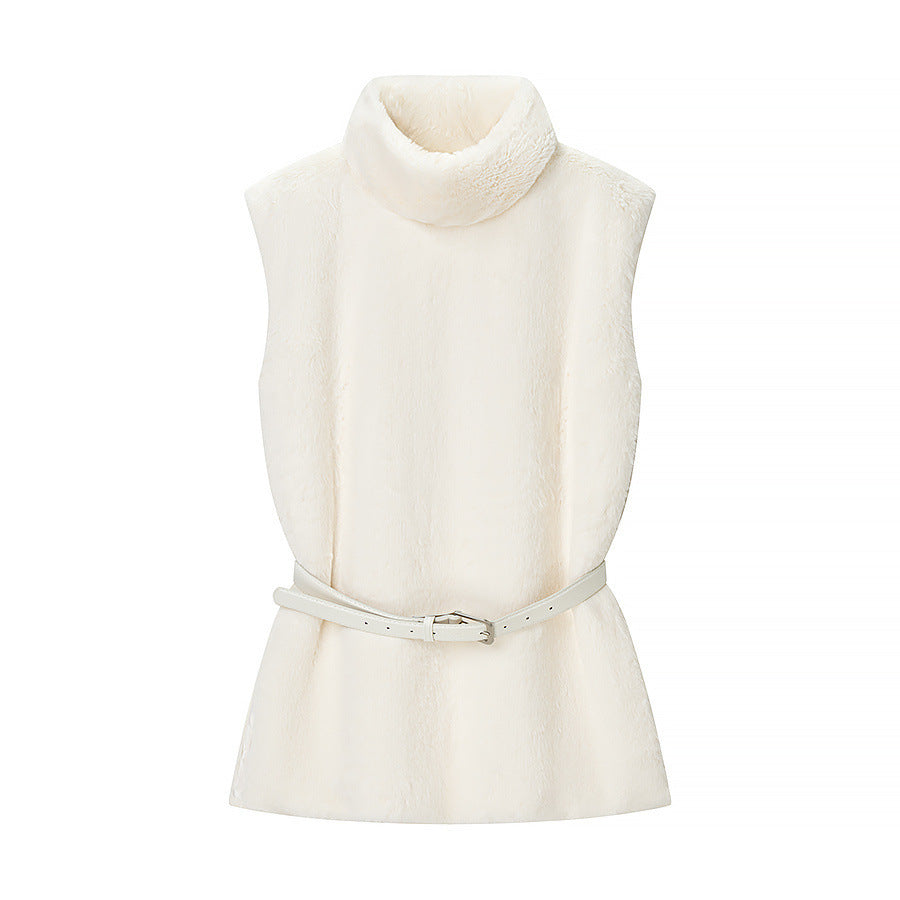 Women Short Sleeveless Faux Fur Vest with High Collar and Waist Belt Fashion Glam