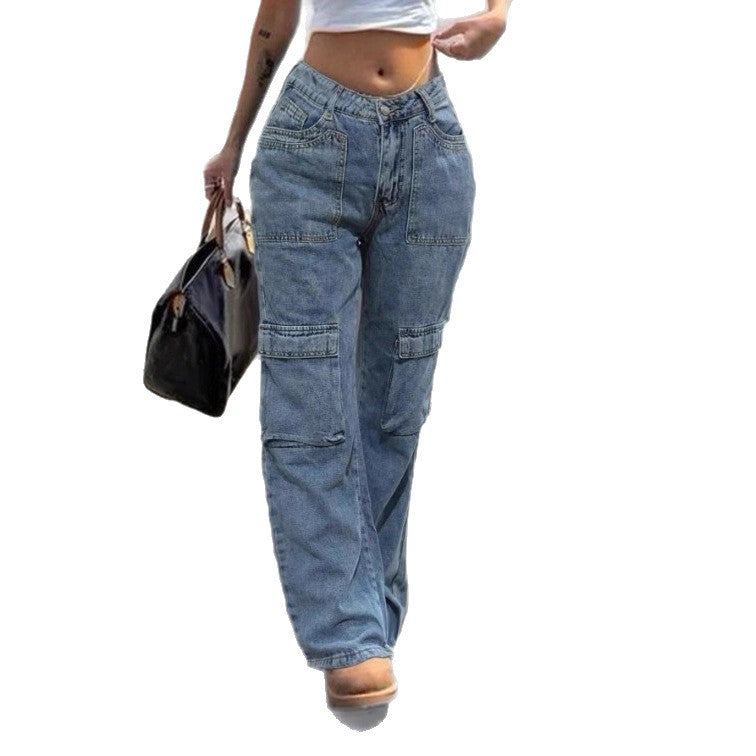Women's High-Waisted Cargo Denim Pants with Utility Pockets Fashion Glam