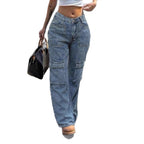 Women's High-Waisted Cargo Denim Pants with Utility Pockets Fashion Glam