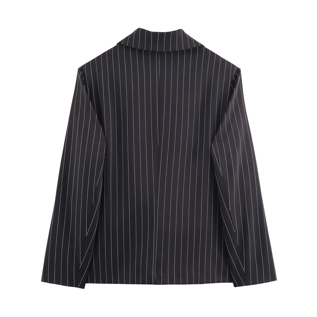 Ladies pinstriped blazer with wide lapels, single-button closure, and flap pockets Fashion Glam