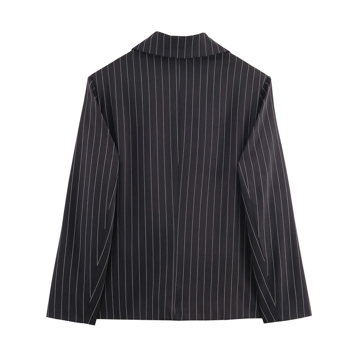 Ladies pinstriped blazer with wide lapels, single-button closure, and flap pockets Fashion Glam