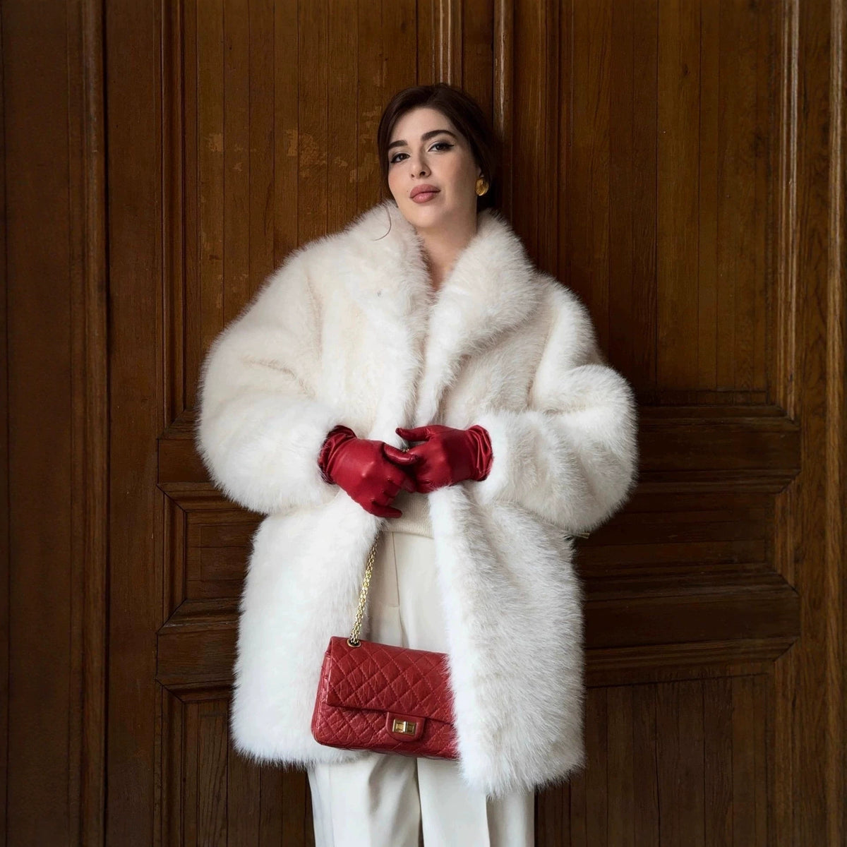 Women's Mid-length fluffy teddy faux fur coat with standing shawl collar Fashion Glam