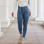 Women's High-waisted, figure-shaping Skinny Jeans with double decorative button placket Fashion Glam