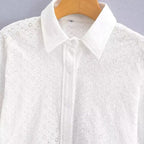 Women's Short-Cut Eyelet Embroidery Blouse with Shirt Collar and Long Ties Fashion Glam