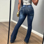 Women's Shaping High-Waist Bootcut Jeans with Triple Button Placket and Subtle Destroyed Look Fashion Glam