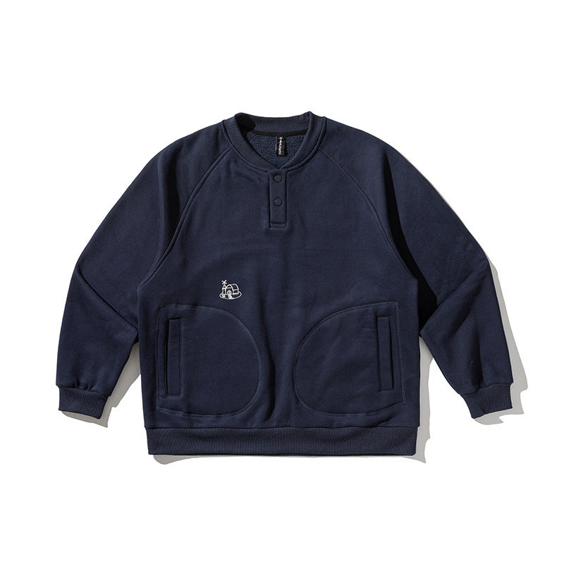 Men's Oversized Sweatshirt with Henley Button Placket, Raglan Sleeves and Round Front Pockets Fashion Glam
