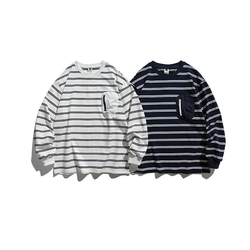 Unisex Oversize Long Sleeve with maritime stripe pattern and functional zippered chest pocket Fashion Glam