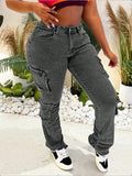 Women High-Cut Cargo Jeans with Multiple Flap Pockets and Frayed Hem Fashion Glam