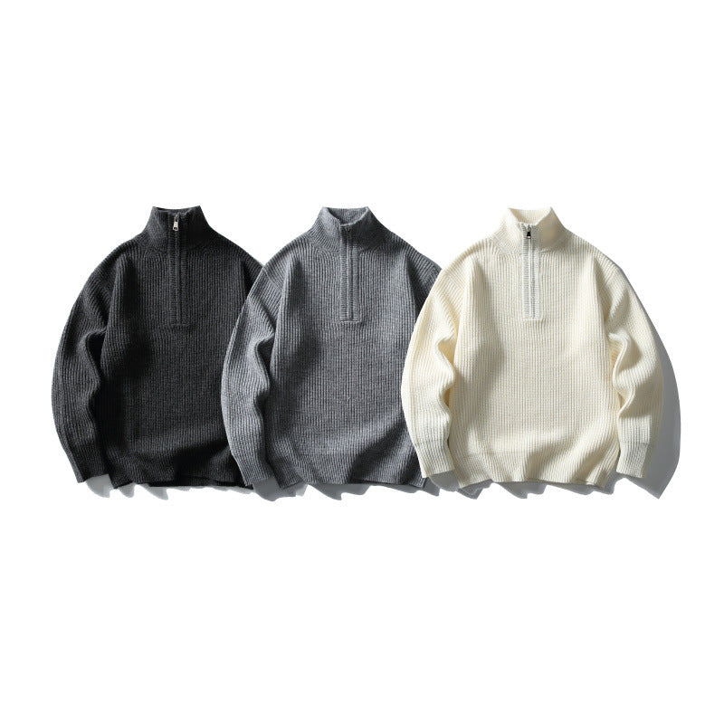Unisex Structured Half-Zip Knit Sweater with High Stand-Up Collar and Ribbed Rib Knit Fashion Glam