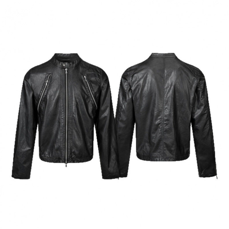 Men's leather jacket in biker style with stand-up collar and diagonal zipper pockets Fashion Glam