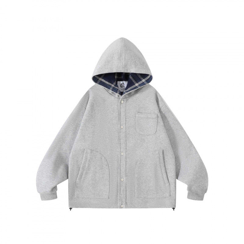 Unisex Oversize Hoodie with checkered lined hood and snap button placket Fashion Glam
