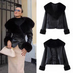 Women's short jacket made of synthetic leather with voluminous faux fur collar and fur cuffs Fashion Glam