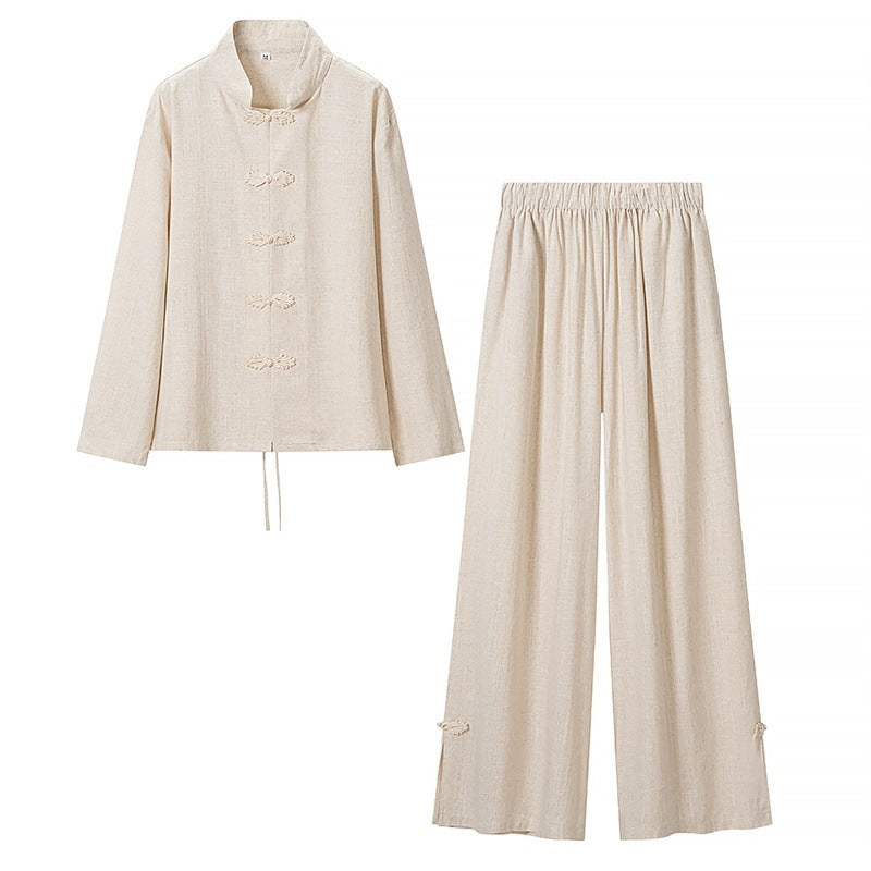Women's Comfortable Linen Two-Piece Set with Stand-Up Collar, Frog Closures and Wide Palazzo Pants Cut Fashion Glam