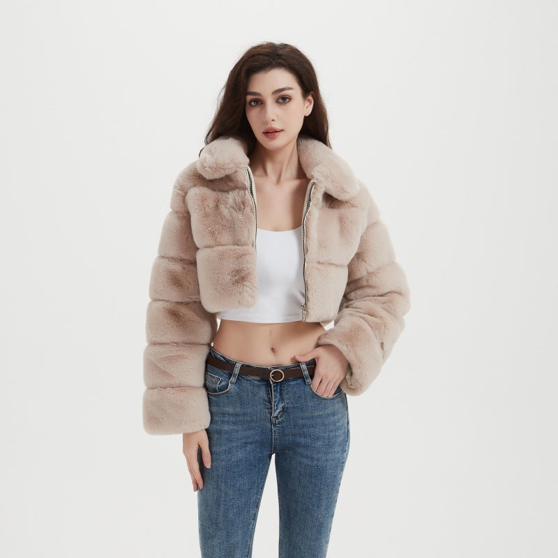 Women Cropped Faux Fur Jacket with Horizontal Volume Panels, Stand-Up Lapel Collar and Zipper Fashion Glam