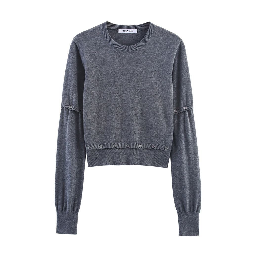 Women's Short Fine Knit Sweater with Balloon Sleeves and Decorative Button Waist Fashion Glam