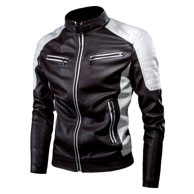 Men's Slim Fit Motorcycle Faux Leather Jacket with Contrast Panels, Quilted Shoulders and Zipper Pockets Fashion Glam