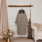 Ladies Long Glencheck Coat with Voluminous Faux Fur Collar and Straight Cut Fashion Glam