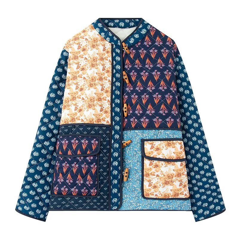 Women Padded Patchwork Quilted Jacket with Toggle Closures and Patch Pockets Fashion Glam