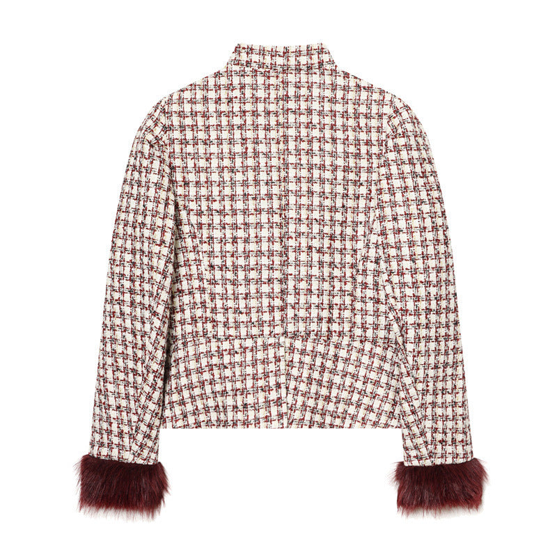 Women's Short Blazer made of Boucle Tweed with Stand-Up Collar and Faux Fur Cuffs Fashion Glam