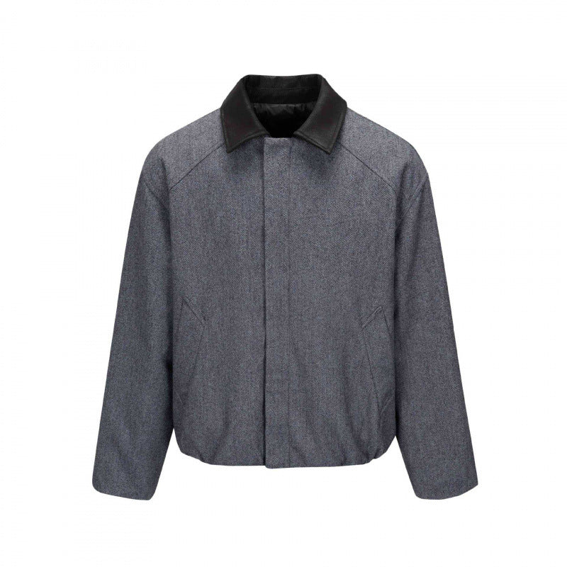 Men's short jacket in herringbone wool blend with leather collar and concealed closure Fashion Glam