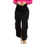 Ladies High-Waist Cargo Denim Midi Skirt with Front Slit Fashion Glam