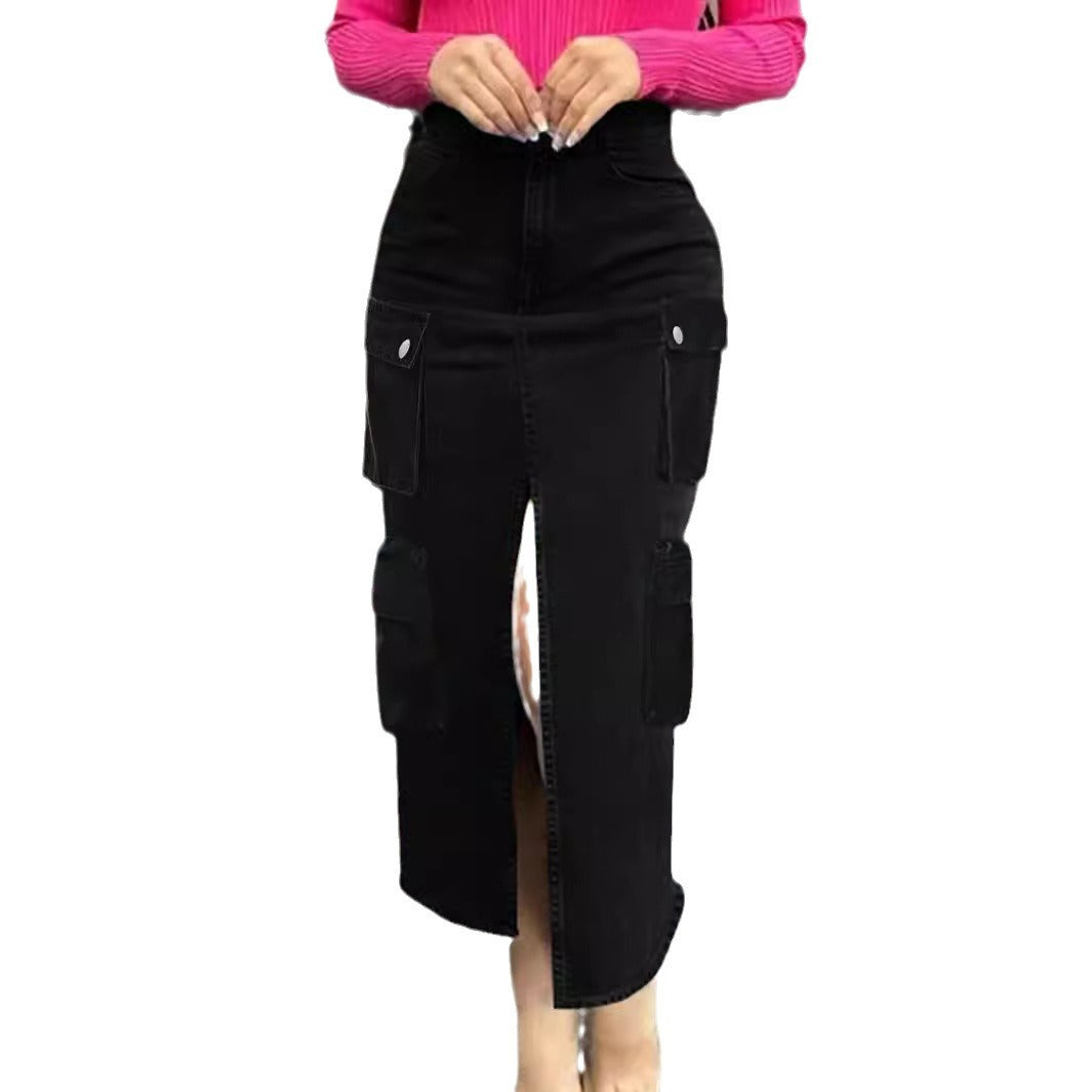 Ladies High-Waist Cargo Denim Midi Skirt with Front Slit Fashion Glam