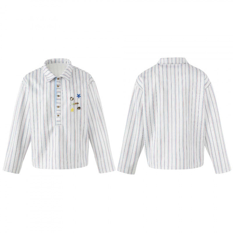 Unisex Striped Overshirt with Henley Button Placket and Decorative Pin Details Fashion Glam