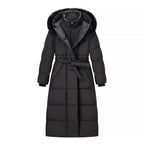 Women's Long Quilted Coat with Waist Belt, Hood and Faux Fur Trim Fashion Glam