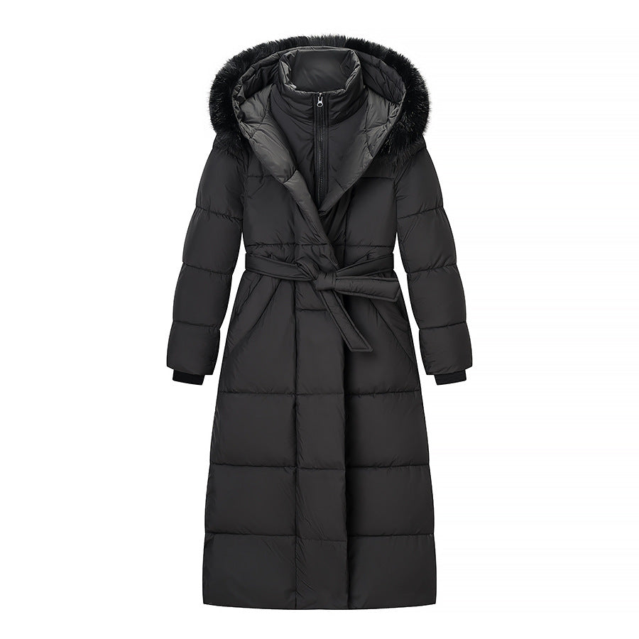 Women's Long Quilted Coat with Waist Belt, Hood and Faux Fur Trim Fashion Glam
