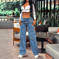 Women's casual cargo denim baggy trousers with extra-large flap pockets and straight leg Fashion Glam