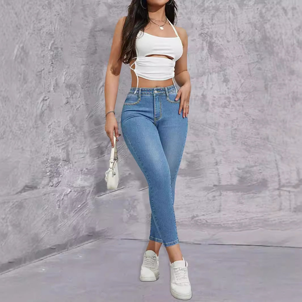 Ladies high-waisted skinny jeans with rhinestone embellishments and ankle-length cut Fashion Glam