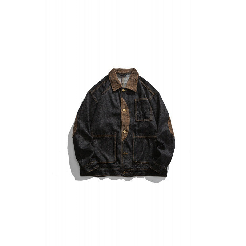 Men's Boxy Denim Work Jacket with Cord Collar, Flap Pockets and Elbow Patches Fashion Glam