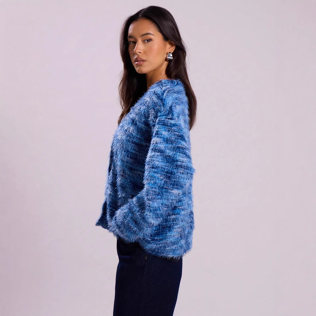 Women's Fluffy Chunky Knit Cardigan with V-Neck Fashion Glam
