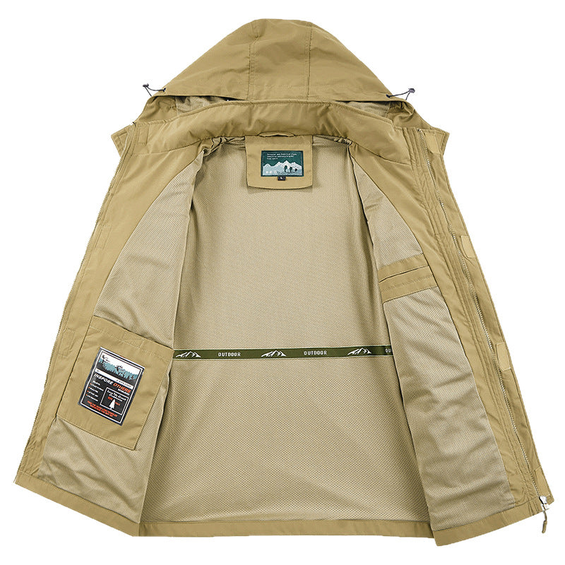 Men's Field Utility Outdoor Jacket with Hood, Multi-Pockets and Mesh Lining Fashion Glam