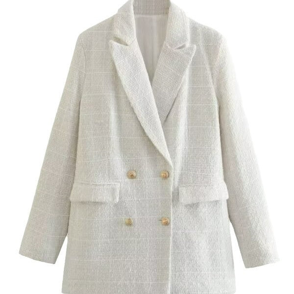 Women's Double-Breasted Boucle Tweed Blazer with Shawl Collar and Flap Pockets Fashion Glam