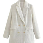 Women's Double-Breasted Boucle Tweed Blazer with Shawl Collar and Flap Pockets Fashion Glam