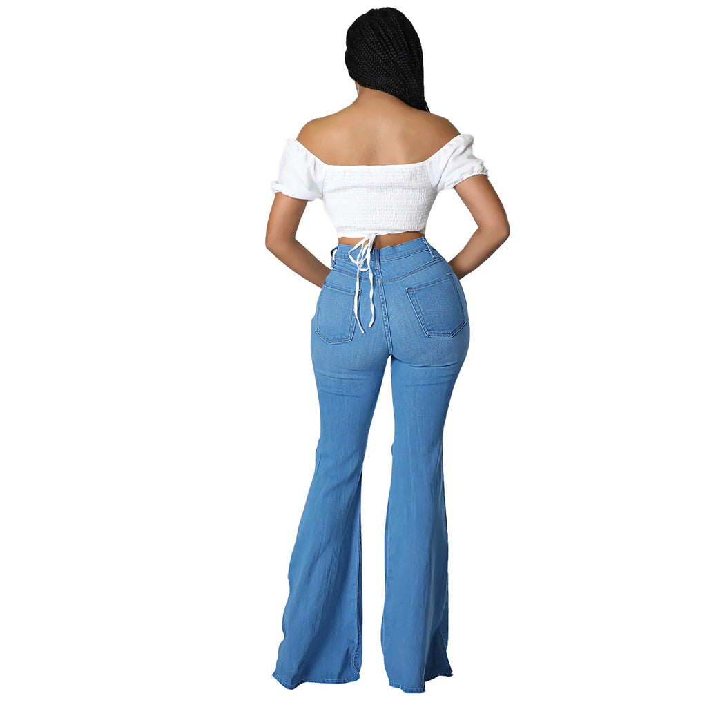 Women's high-waisted flared pants made of stretch denim with knee rips and shaping waistband Fashion Glam