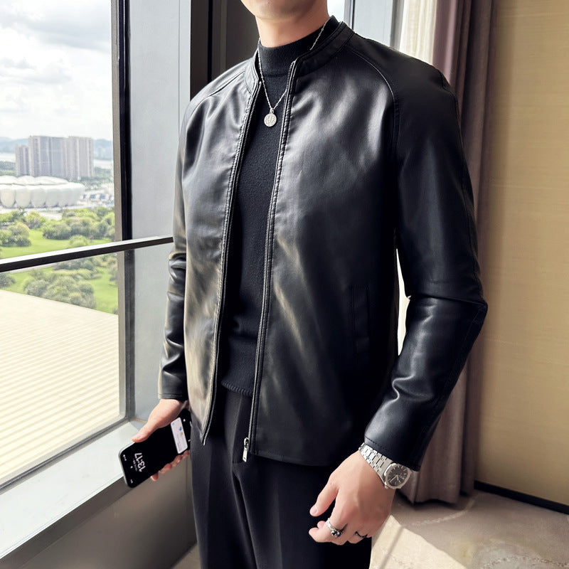 Men Slim Faux Leather Blouson with Stand-Up Collar and Concealed Zip Fashion Glam