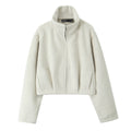 Women Boxy Fleece Jacket with Stand-up Collar and Concealed Zipper Fashion Glam